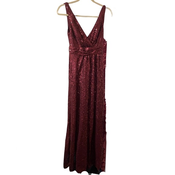 DAVIDS BRIDAL BURGUNDY SEQUIN GOWN - Picture 1 of 4